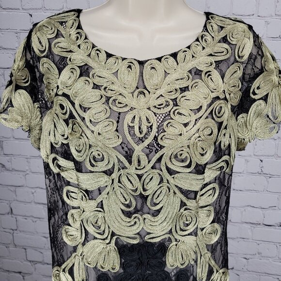 JS Collections Black Gold Overlay Lace Short Sleeve Lined Long Formal Dress 12 - Picture 7 of 14